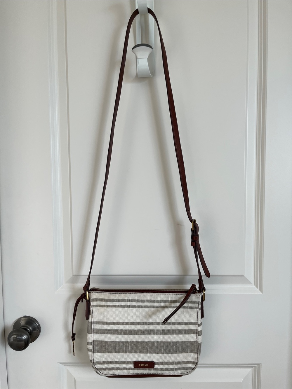 Fossil Cream & Brown Striped Crossbody Messenger